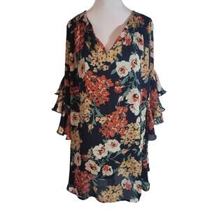 Umgee Size M Black Floral Fashion Mini Dress Flutter Bell Sleeves Boho Feminine